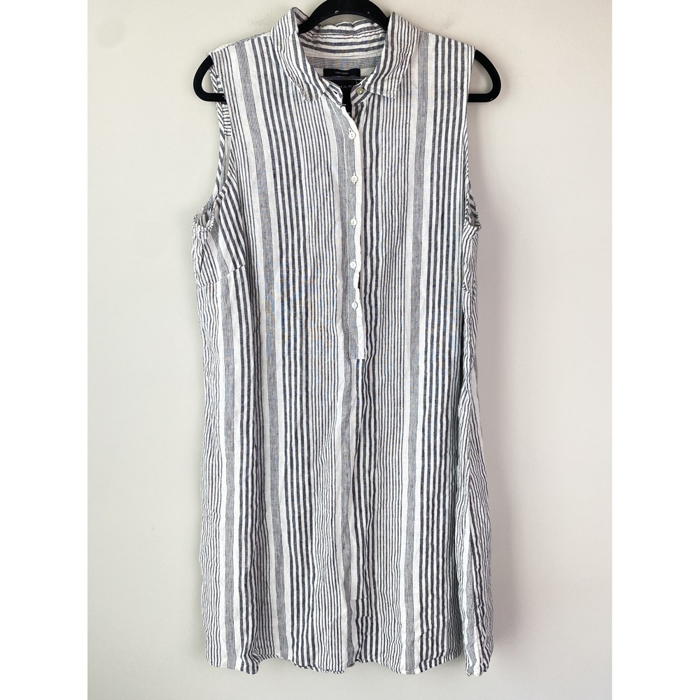 Tahari Womens 100% Linen Sleeveless Shirt Dress 1X Grey Pinstripe Coastal Luxury